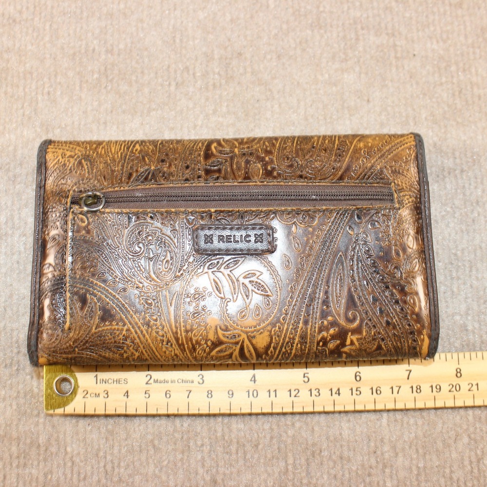 Relic Brown Embossed Paisley Trifold Wallet Faux Leather Western Boho Organizer